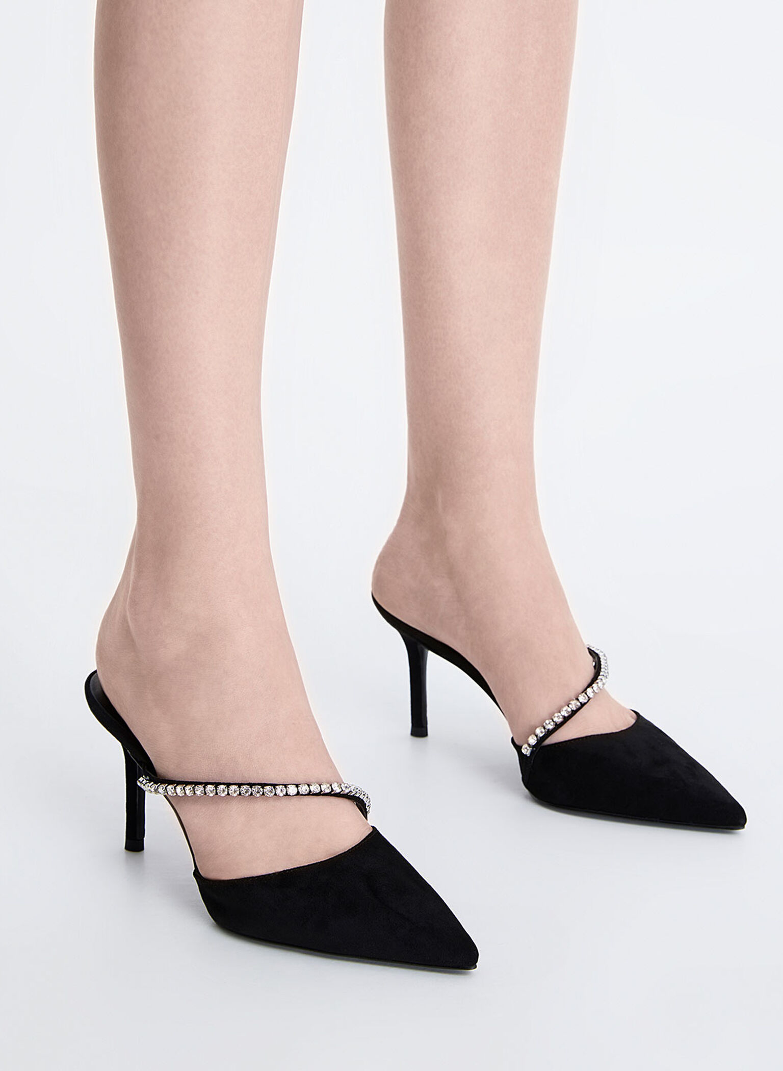 Gem-Encrusted Patent Stiletto Mules, Black Patent, hi-res