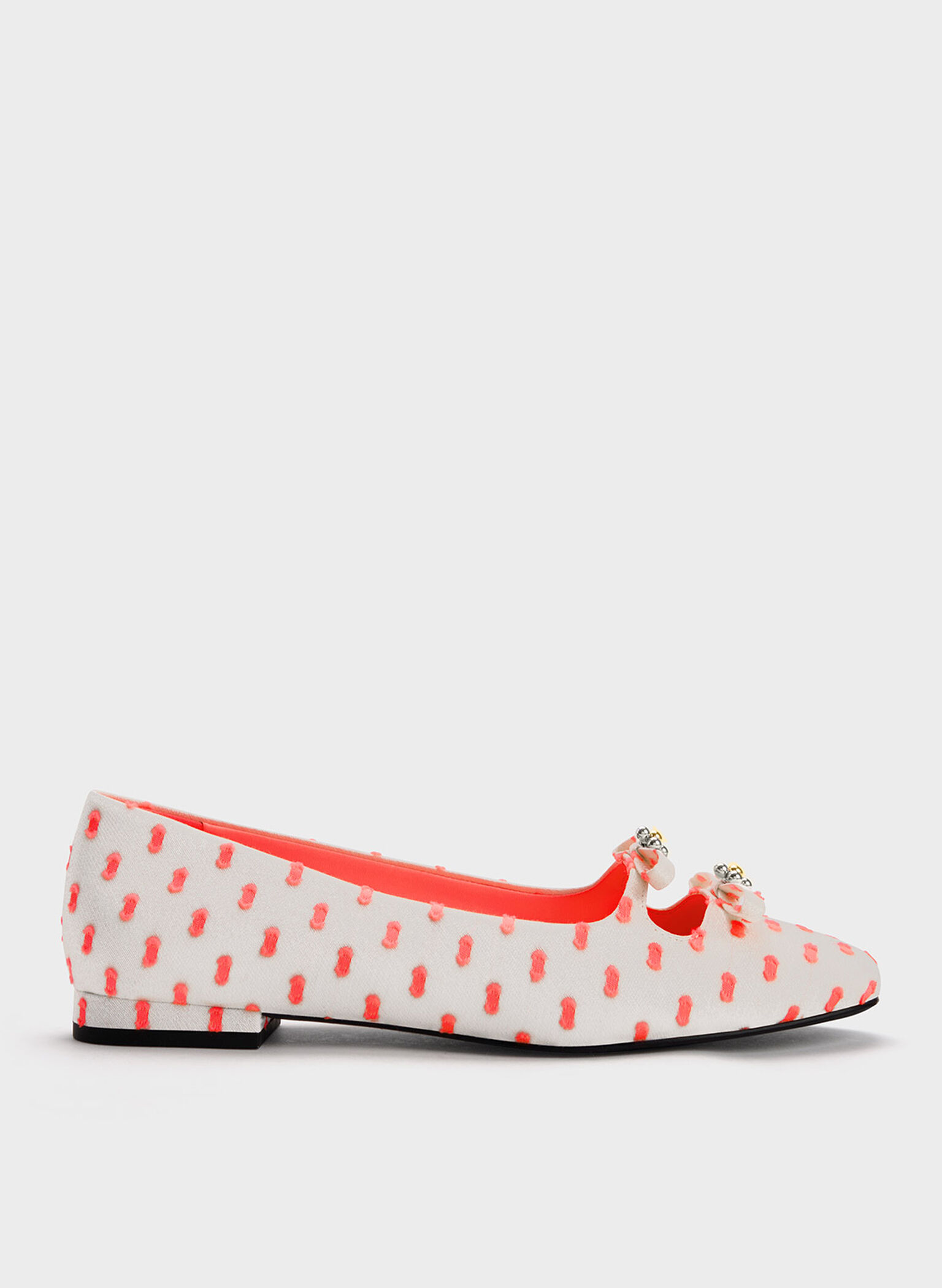 Floral Beaded Printed Bow Ballerinas, Coral Pink, hi-res