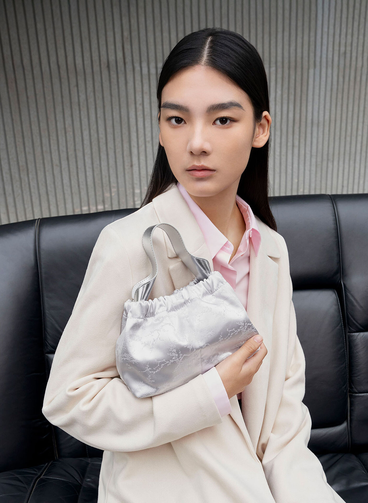 Ally Satin Floral-Print Ruched Bag, Silver, hi-res