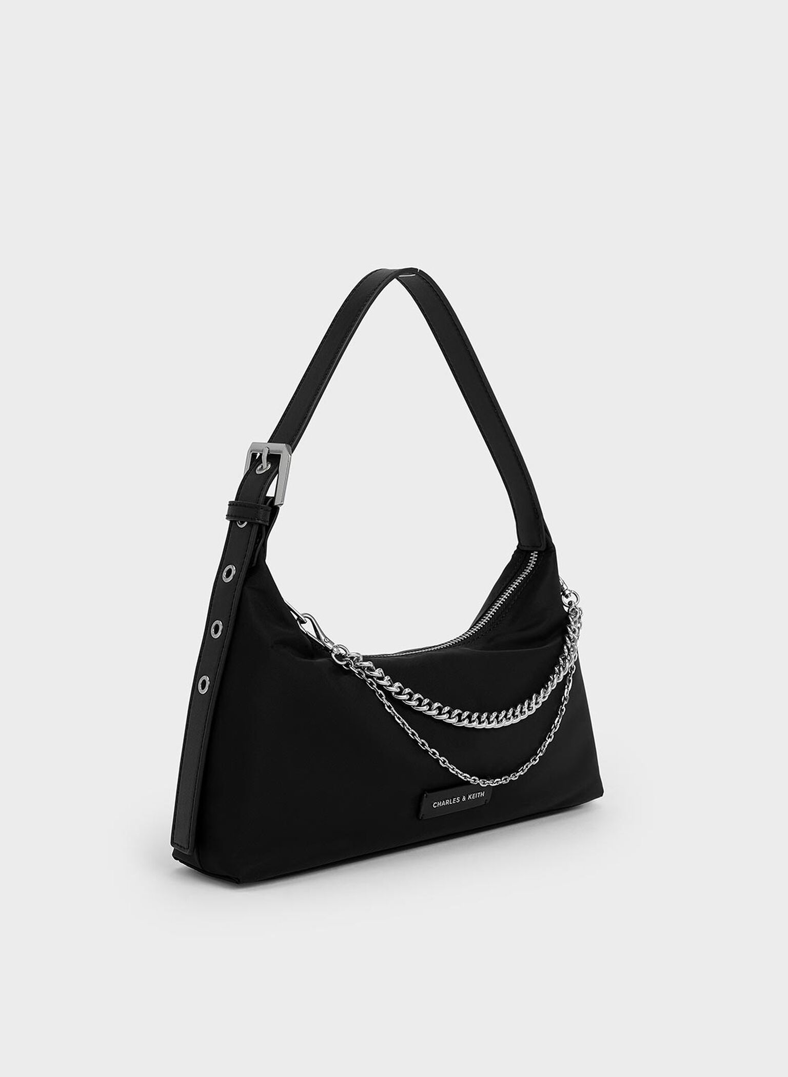 Nylon Chain-Link Trapeze Shoulder Bag, Noir, hi-res