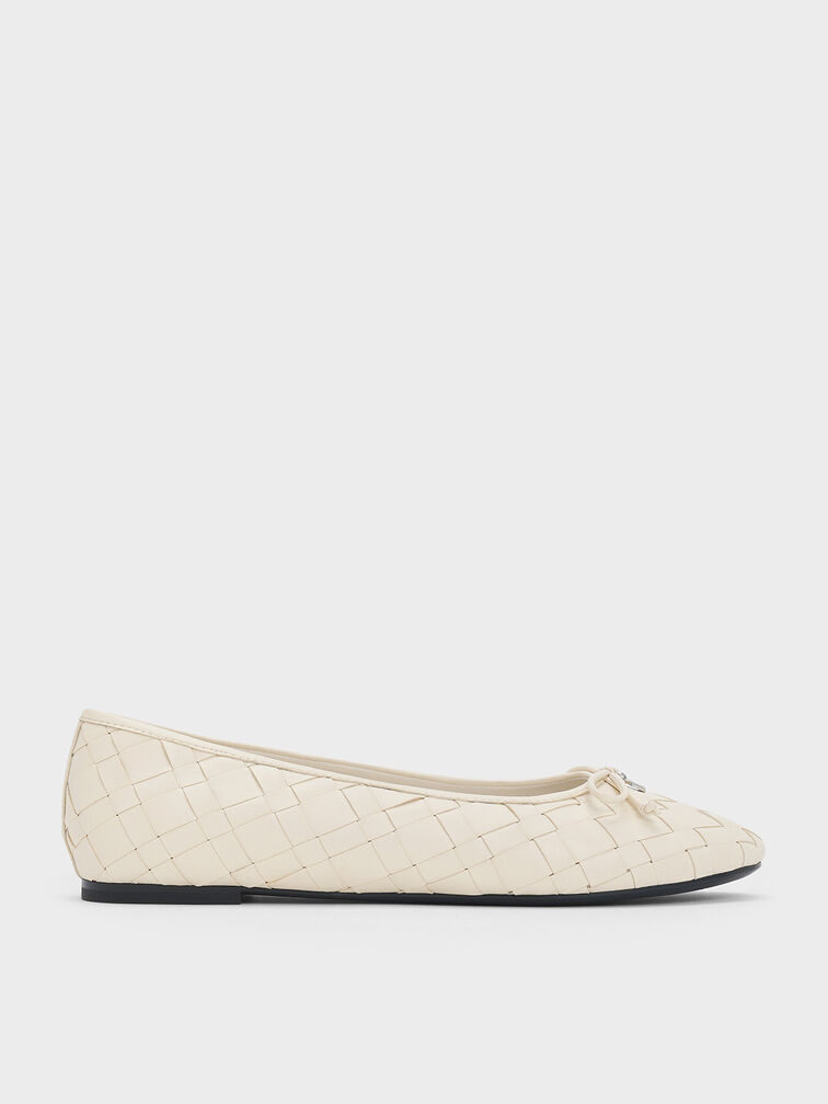 Woven Bow Ballet Flats, Chalk, hi-res