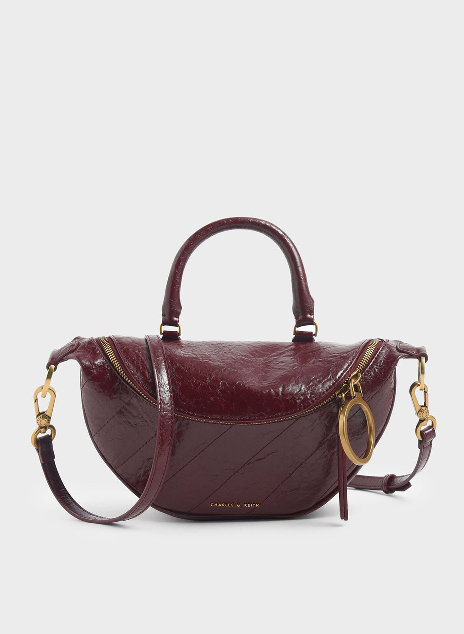 Philomena Wrinkled Effect Semi-Circle Crossbody Bag, Burgundy, hi-res