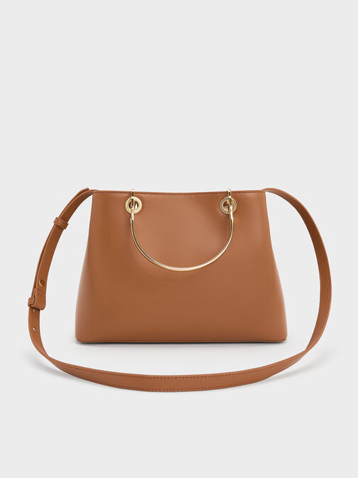 Leather Ring-Handle Bag, Cognac, hi-res