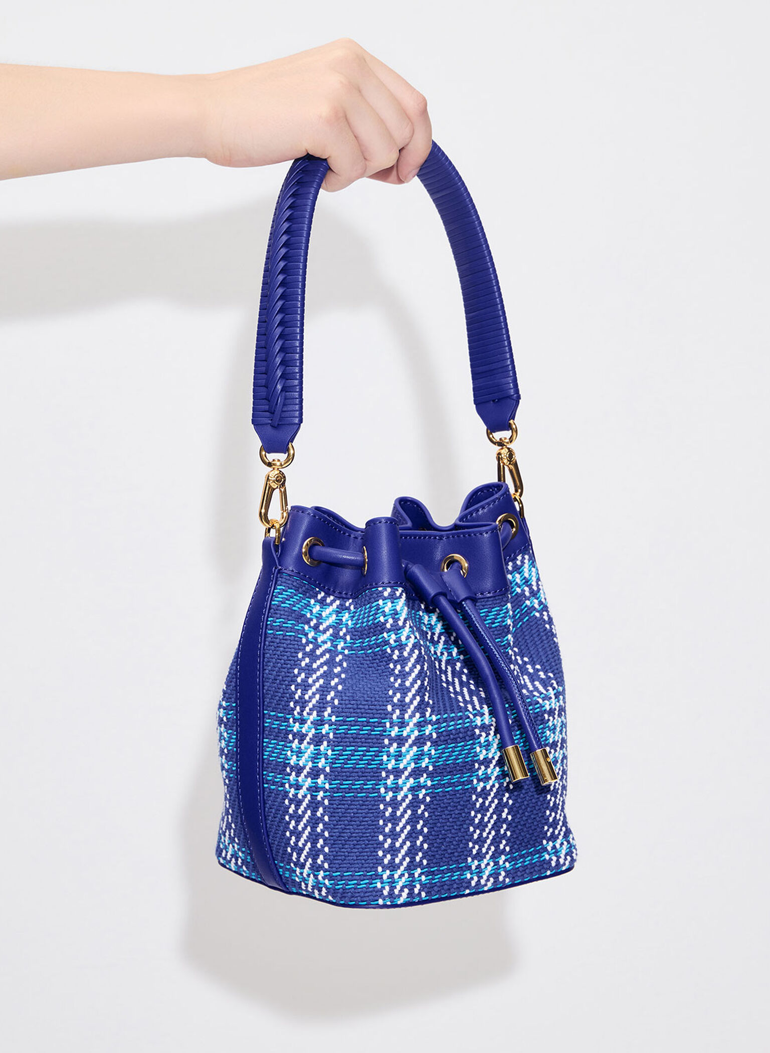 Tweed Braided-Handle Drawstring Bucket Bag, Cobalt, hi-res