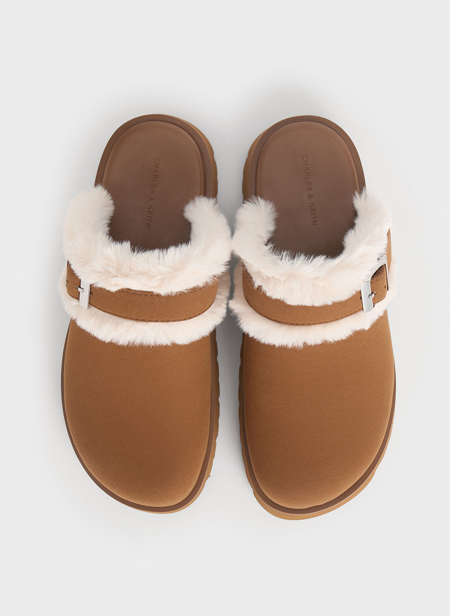 Hannah Textured Fur-Trim Buckled Mules, Brown, hi-res
