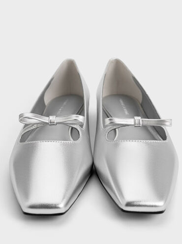 Metallic Bow Square-Toe Ballet Flats, Silver, hi-res