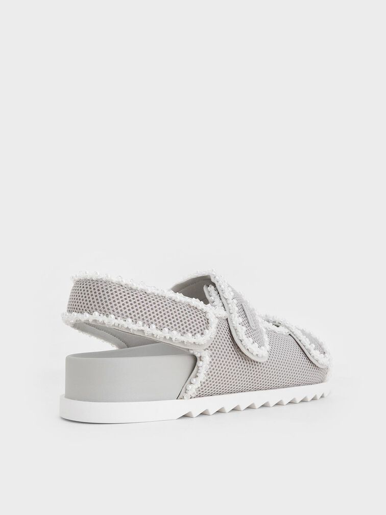 Mesh Pearl-Embellished Flatform Sandals, Silver, hi-res