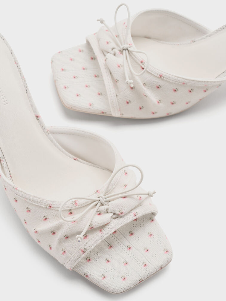 Floral-Print Ruched Bow Heeled Mules, Multi, hi-res