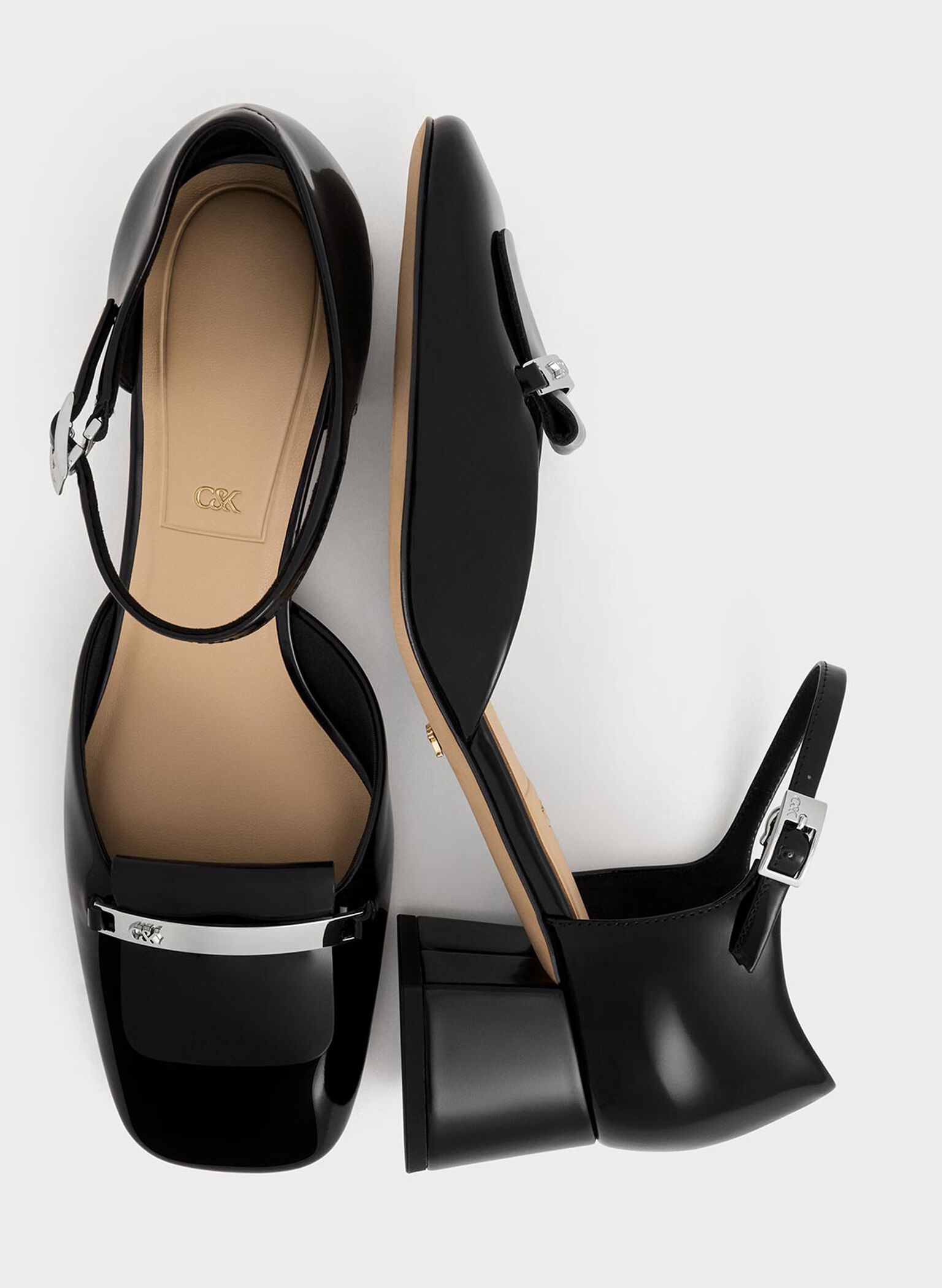 Leather Square-Toe D'Orsay Ankle-Strap Pumps, Black Box, hi-res