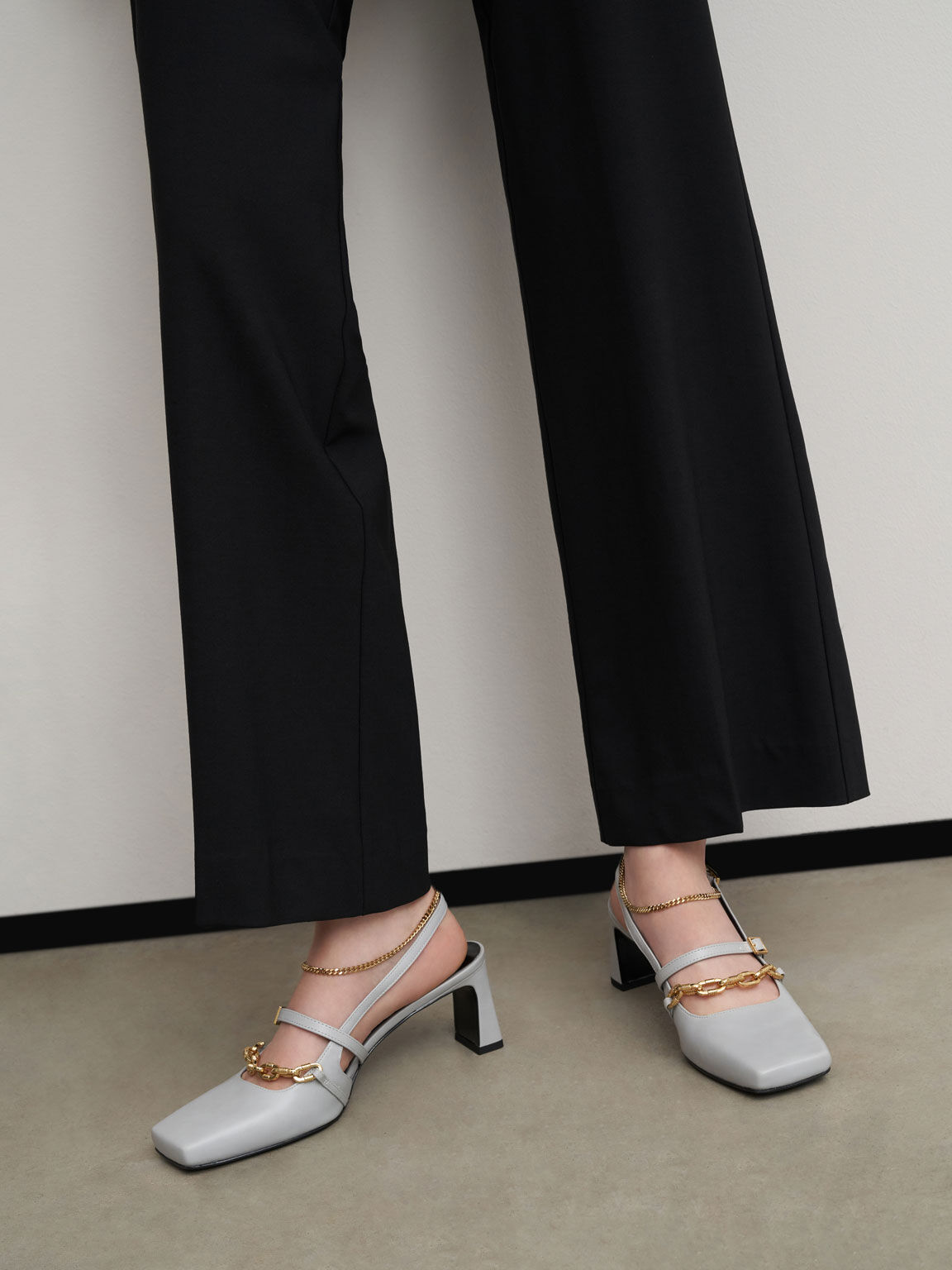 Chain-Link Slingback Pumps, Light Grey, Charles & Keith