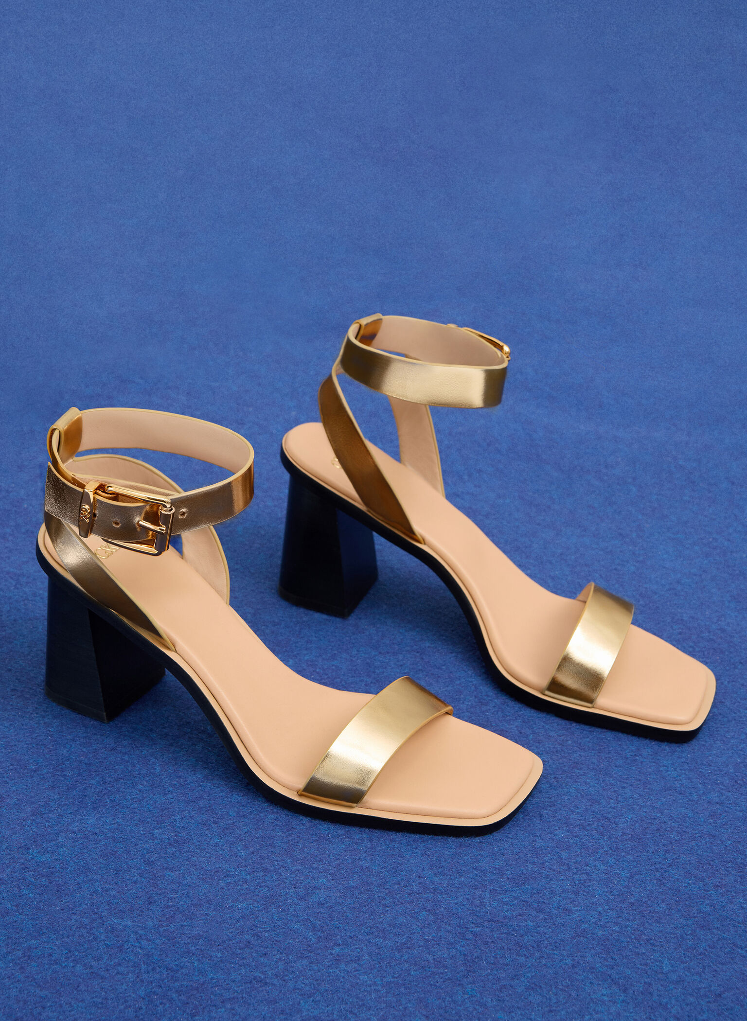 Metallic Leather Ankle-Strap Block-Heel Sandals, Gold, hi-res