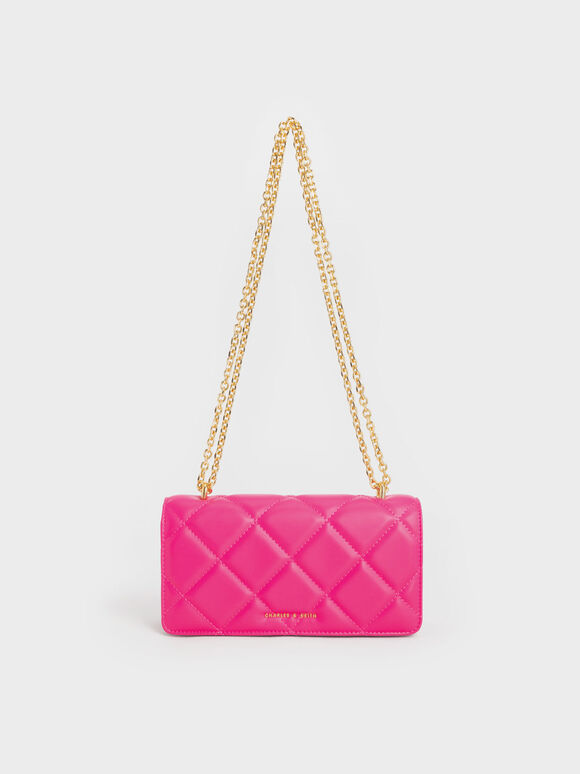 Paffuto Chain Handle Quilted Long Wallet, Fuchsia, hi-res