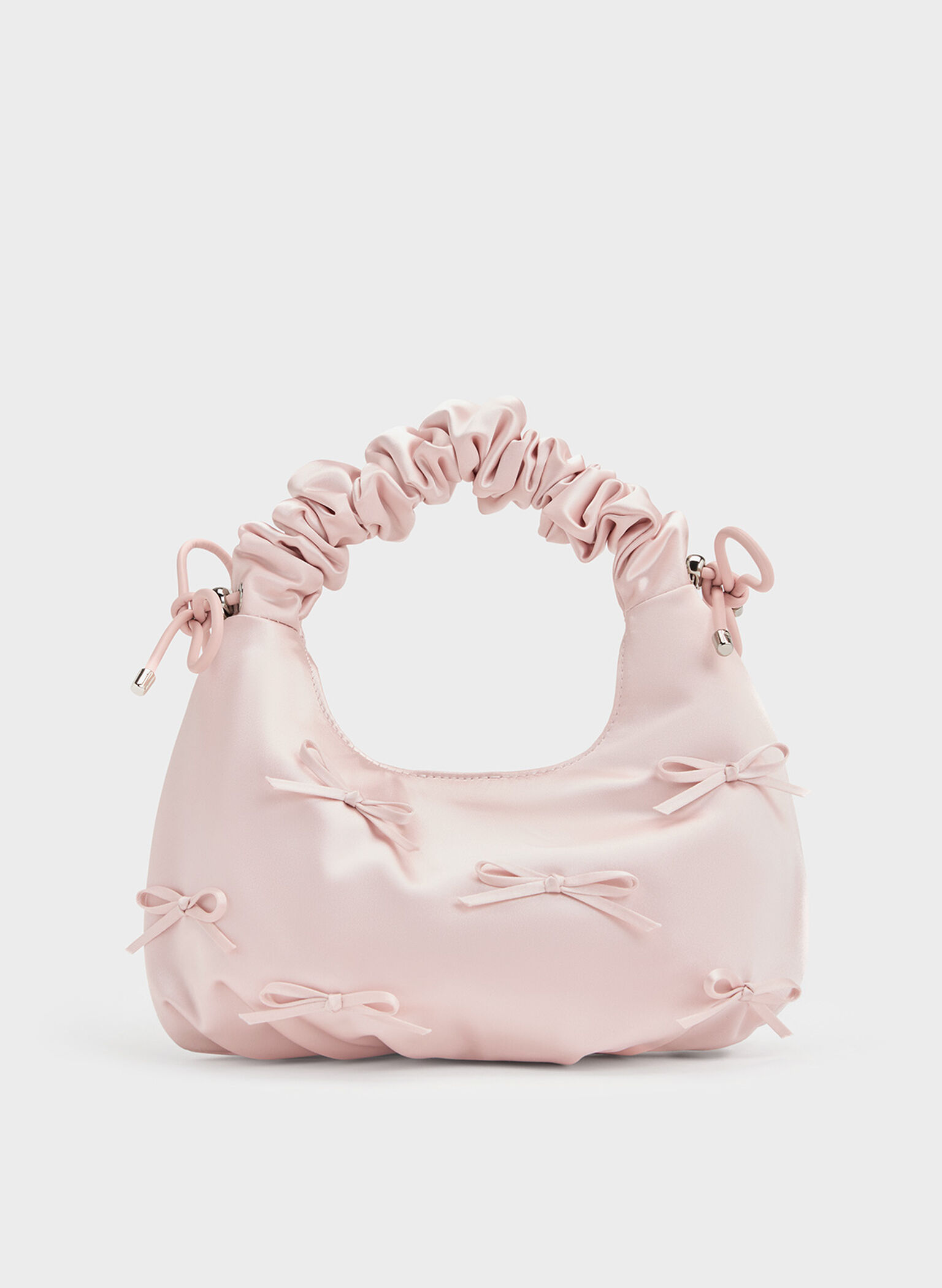 Satin Bow Ruched-Handle Bag, Baby Pink, hi-res