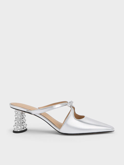 Bow Crossover Gem-Embellished Mules, Silver, hi-res