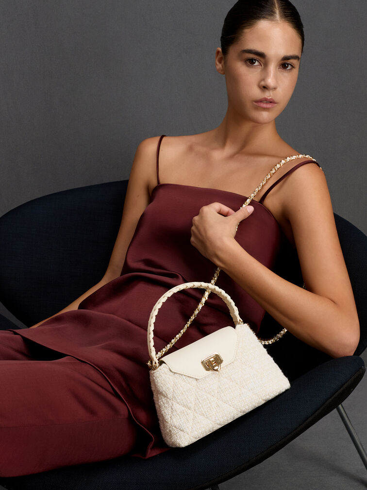 Arwen Tweed Quilted Braided-Strap Top Handle Bag, Cream Tweed, hi-res