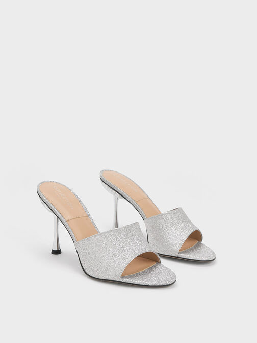 Demi Glittered Metallic Heel Mules, Silver, hi-res