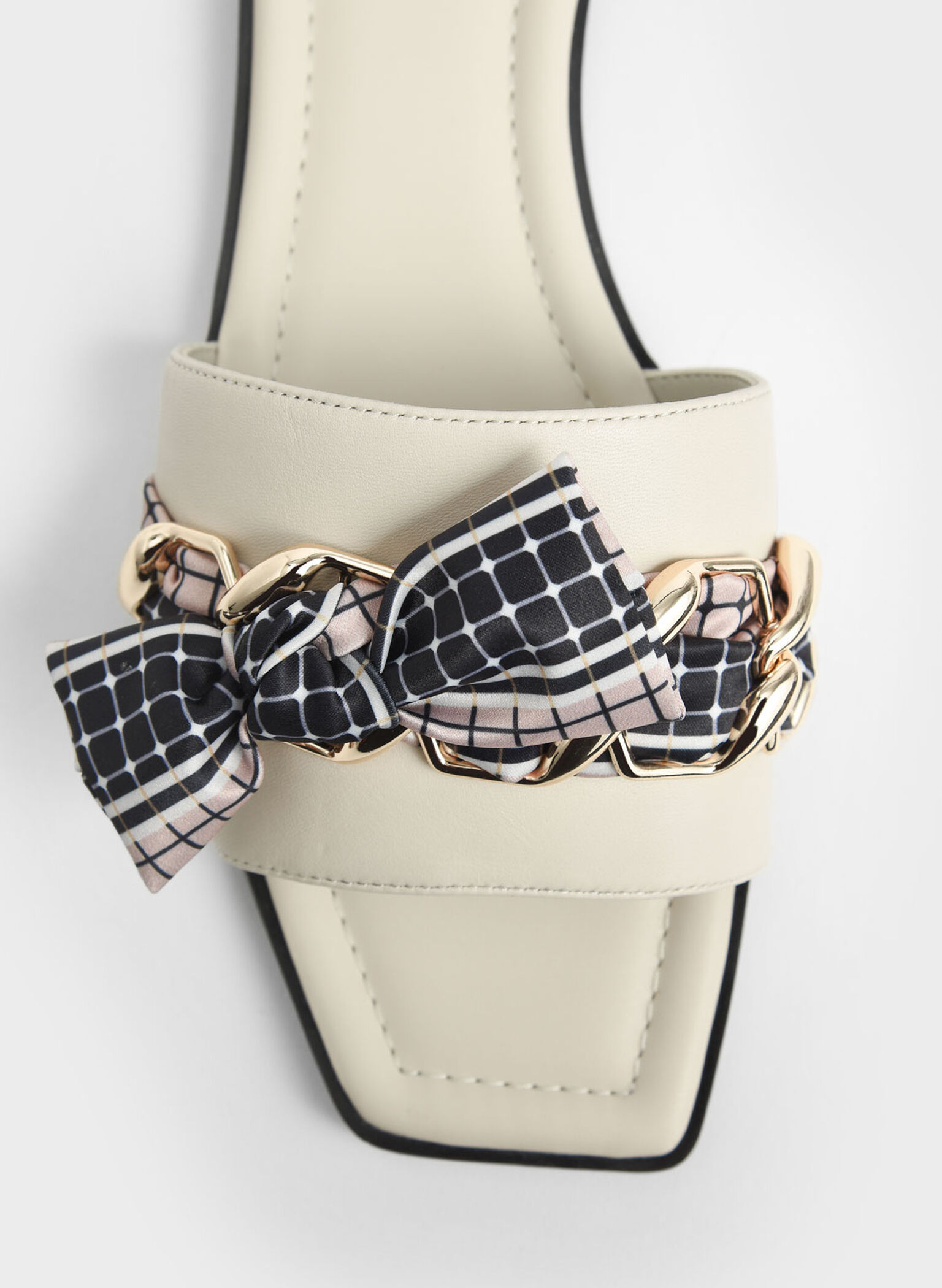 Printed Fabric Scarf Leather Slide Sandals, Chalk, hi-res