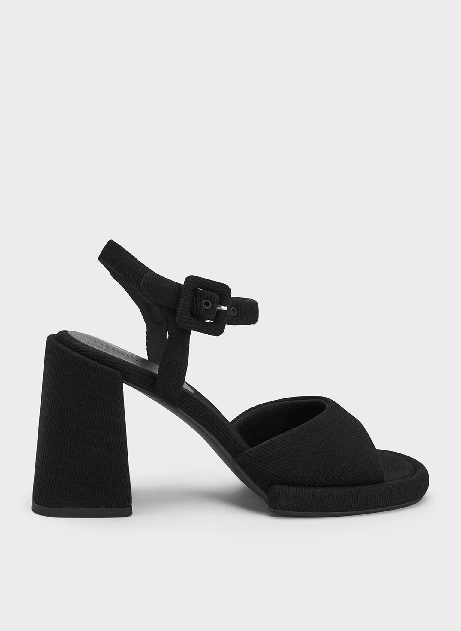 Sinead Woven Trapeze Heel Buckled Sandals, Black, hi-res