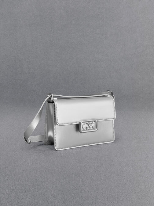 Leather Metallic Boxy Bag, Silver, hi-res