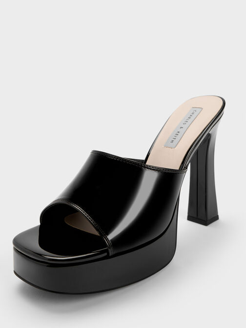 Platform Block Heel Mules, Black Patent, hi-res