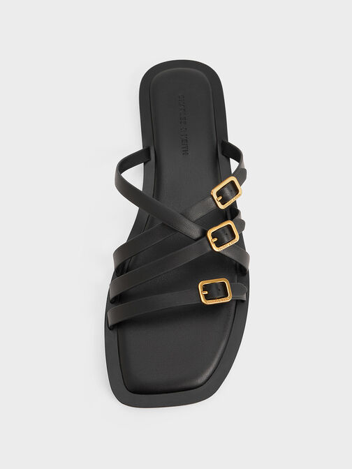 Strappy Buckled Slide Sandals, Black, hi-res