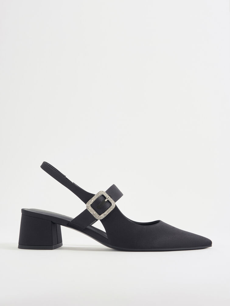 Satin Crystal-Buckle Block-Heel Slingback Pumps, Black Textured, hi-res