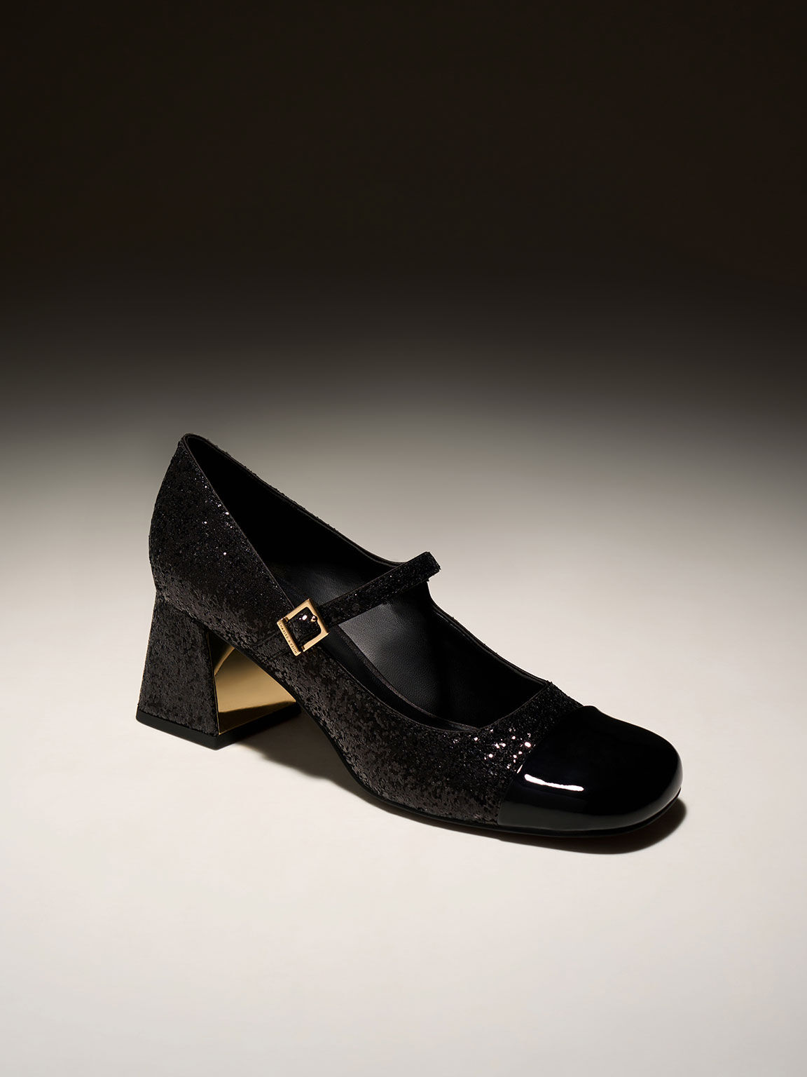 Patent Glittered Trapeze Heel Mary Janes Black Textured