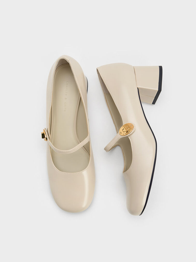 Hettie Patent Metallic-Buckle Block-Heel Mary Janes, Chalk, hi-res