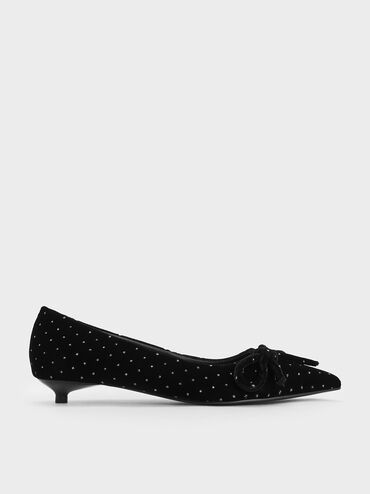 Velvet Dotted Bow Pointed-Toe Kitten-Heel Pumps, Black Textured, hi-res