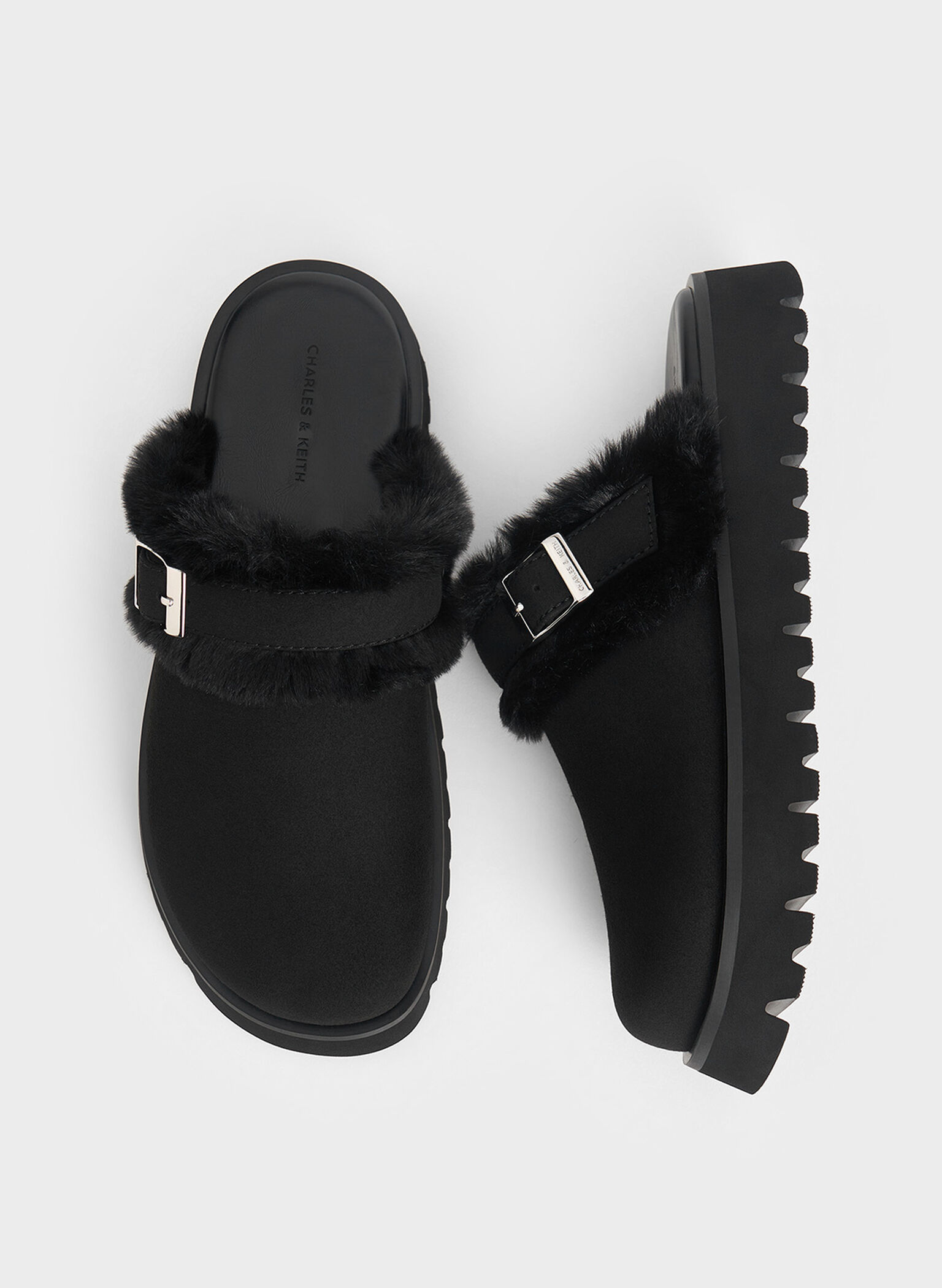 Hannah Textured Fur-Trim Buckled Mules, Black, hi-res