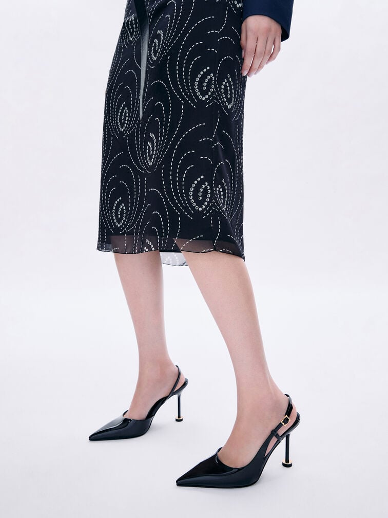 Patent Pointed-Toe Sculptural-Heel Slingback Pumps, Black Patent, hi-res