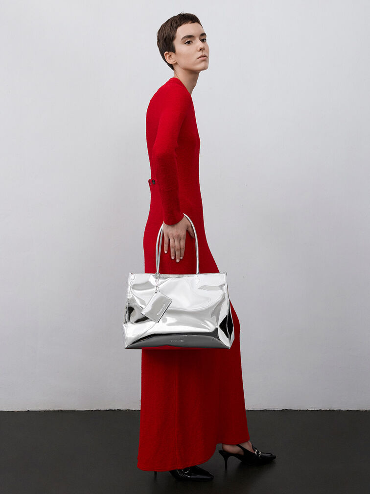 Silver Large Matina Metallic Tote Bag - CHARLES & KEITH UK