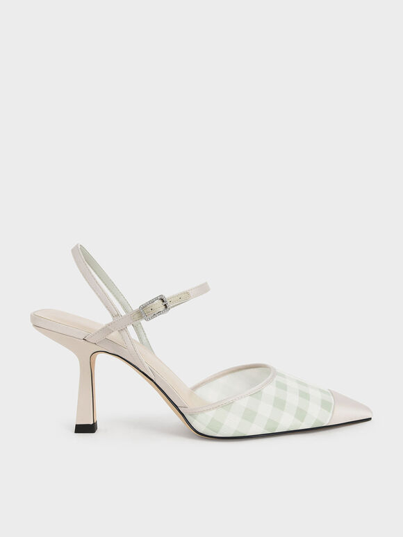 Satin & Check-Print Fabric Ankle-Strap Pumps, Light Green, hi-res