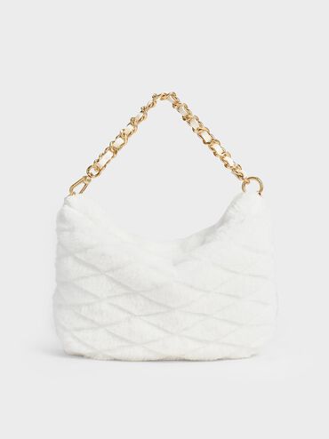 Duo Furry Quilted Crescent Bag, White, hi-res