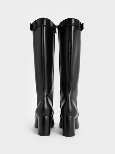 Block-Heel Knee-High Biker Boots, Black, hi-res