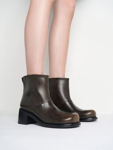 Stitch-Trim Block-Heel Ankle Boots, Dark Brown, hi-res