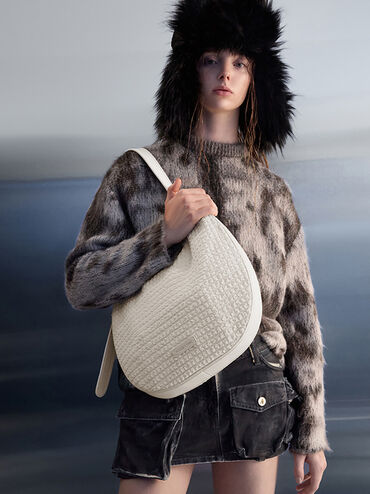 Textured Crescent Hobo Bag, Frosted White, hi-res
