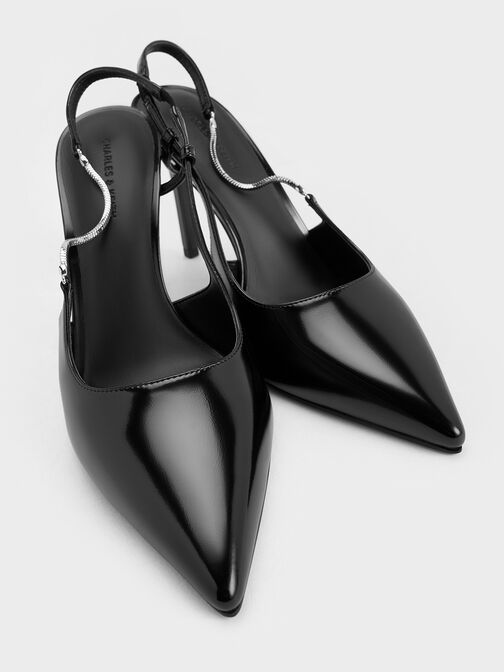 Chain-Strap Pointed-Toe Slingback Pumps, Black Box, hi-res
