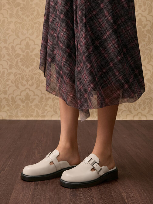Leather Buckled Mules, Chalk, hi-res