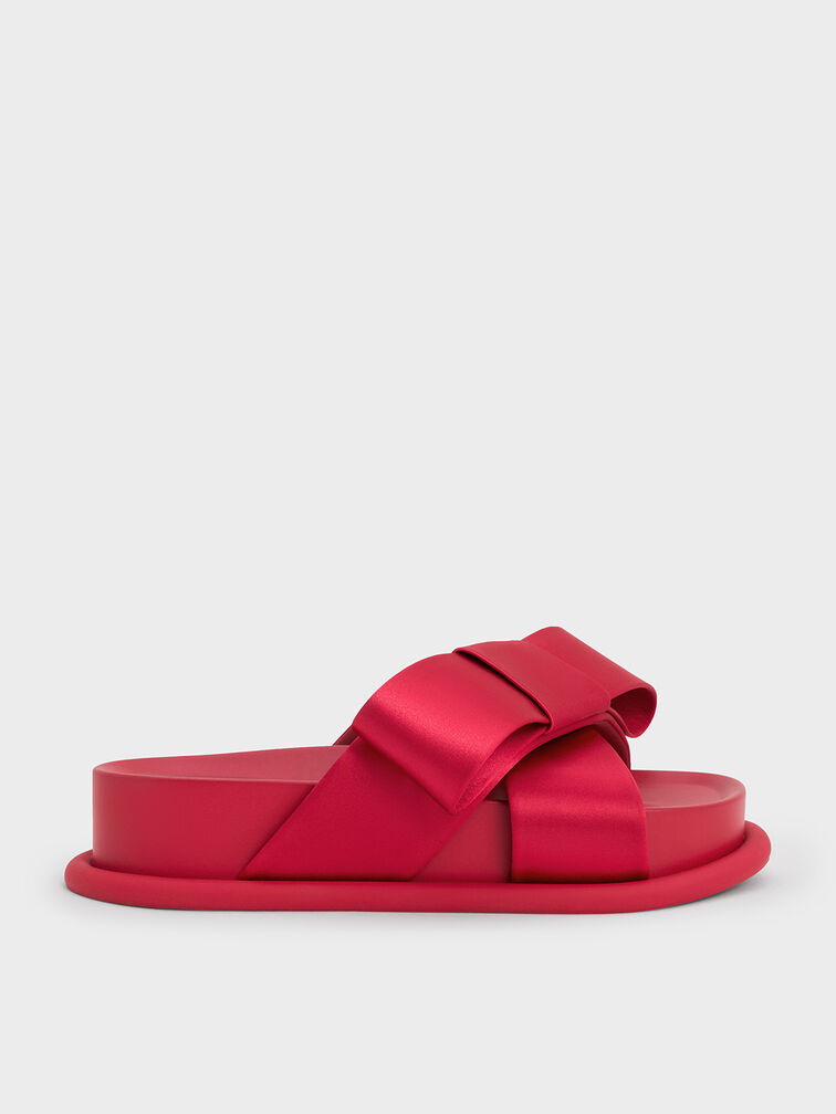 Satin Bow Flatform Sandals, Red, hi-res