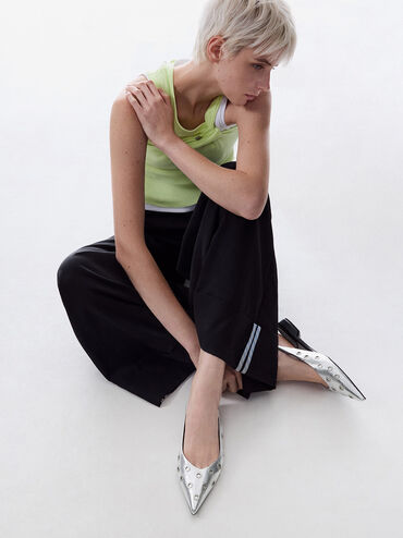 Metallic Grommet Pointed-Toe Slingback Flats, Silver, hi-res