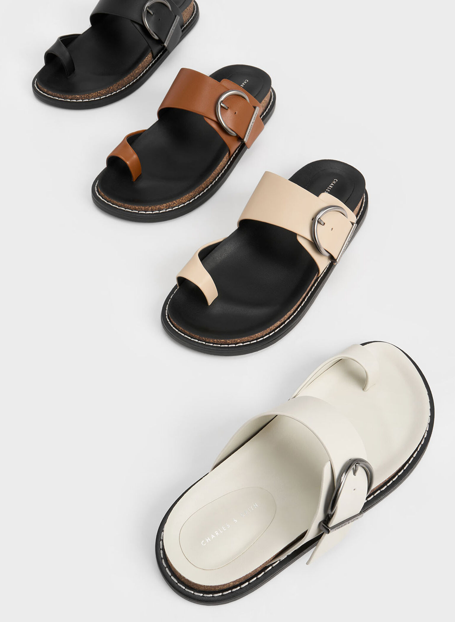 Metallic Buckle Toe-Ring Sandals, Chalk, hi-res