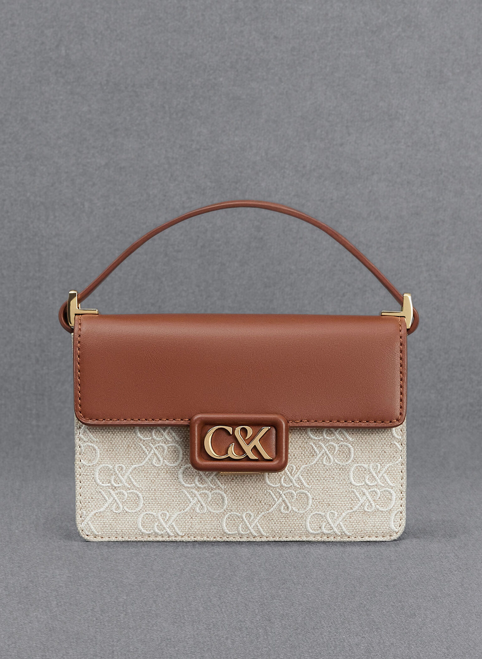 Leather & Canvas Two-Tone Boxy Bag, Cognac, hi-res