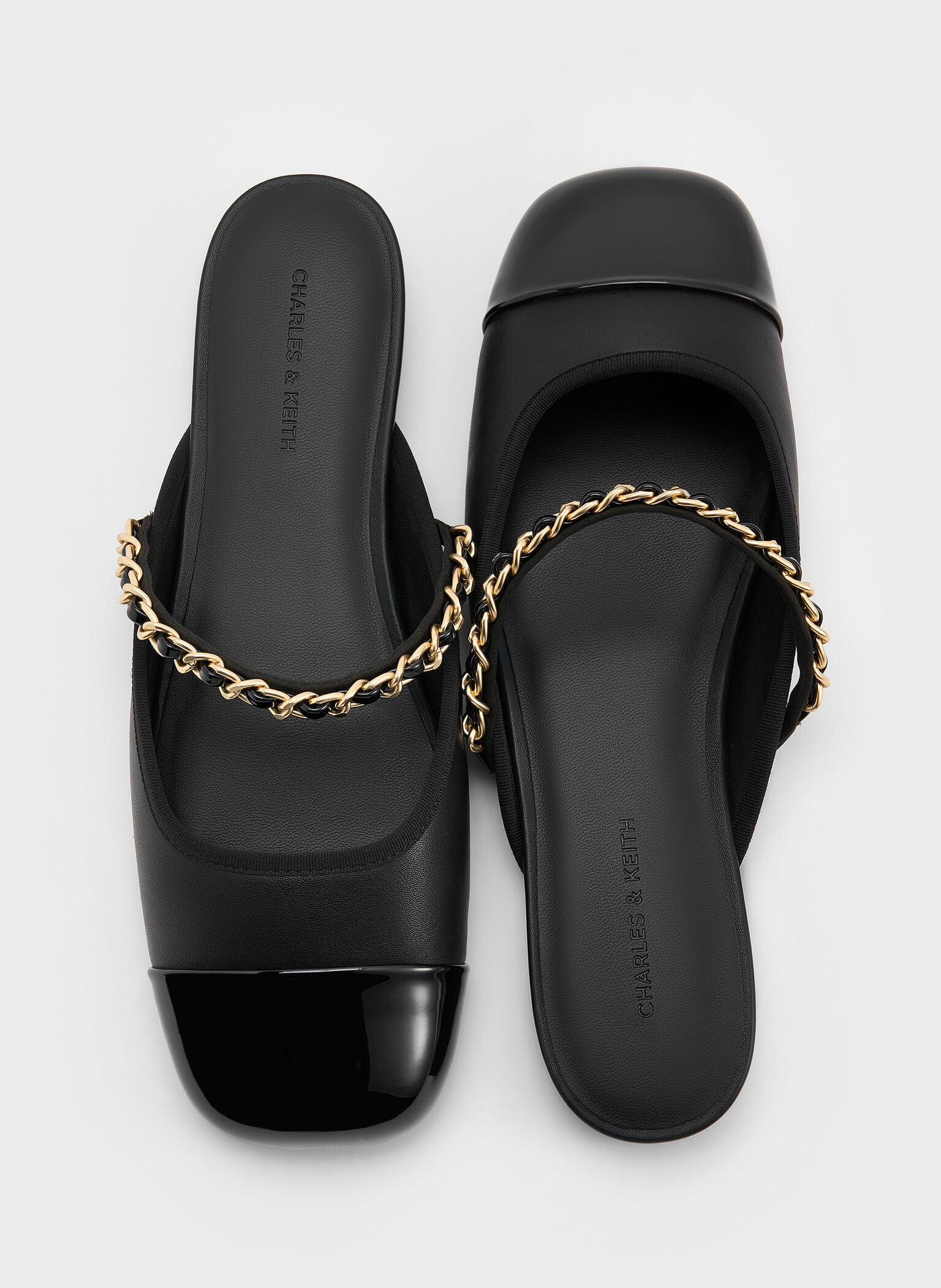 Patent Chain-Strap Mules, Black, hi-res
