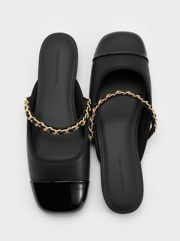 Patent Chain-Strap Mules, Black, hi-res