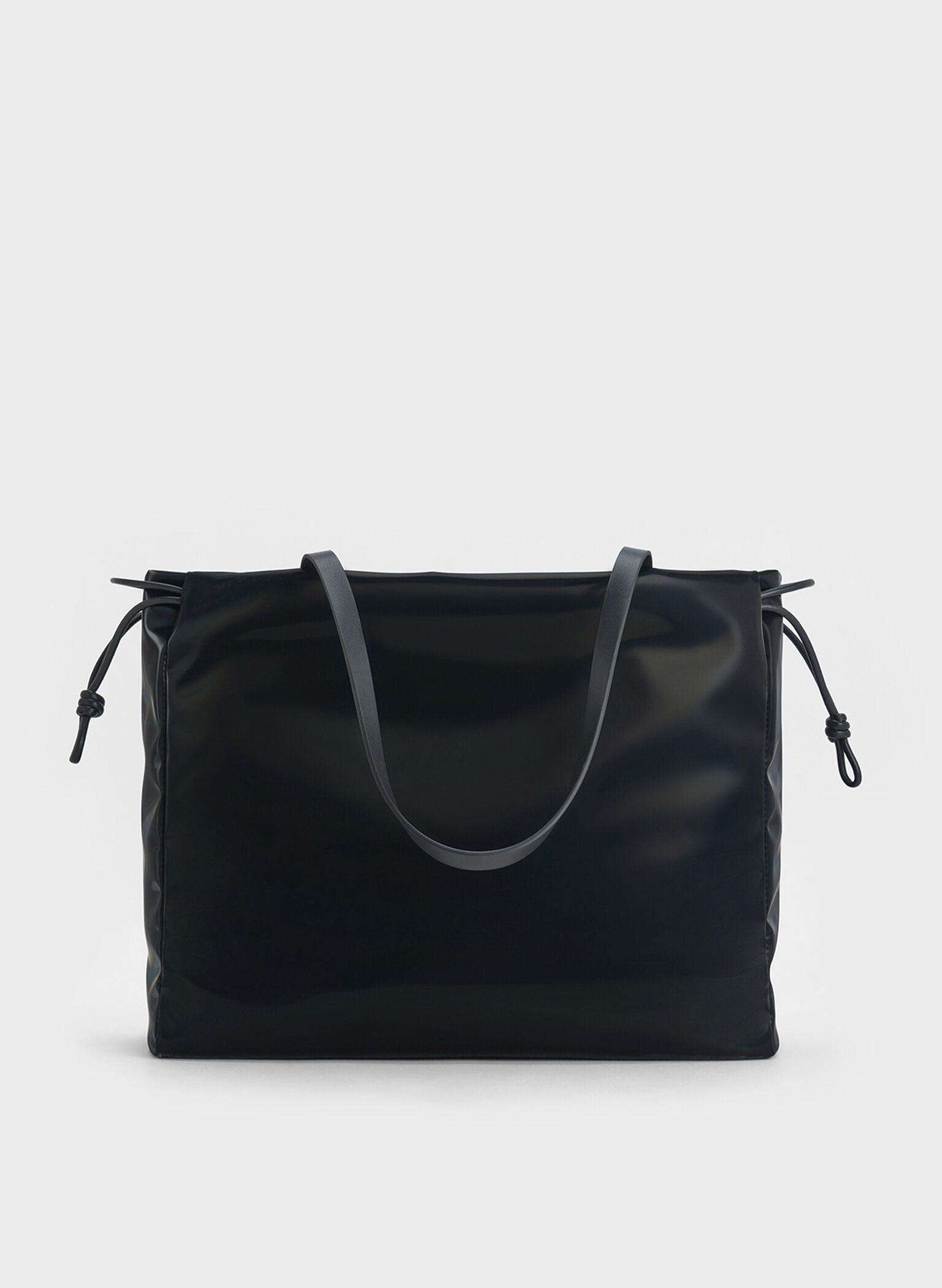 Bethel Shiny Ruched Drawstring Tote Bag, Jet Black, hi-res
