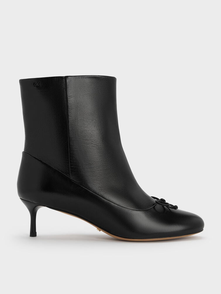 Aretha Leather Bow Kitten-Heel Calf Boots, Black, hi-res