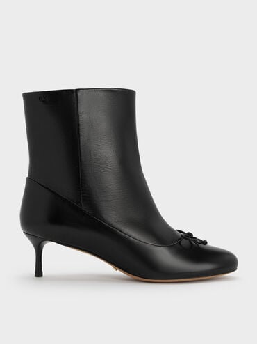 Aretha Leather Bow Kitten-Heel Calf Boots, Black, hi-res