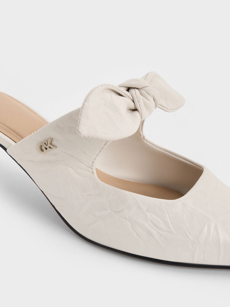 Jayce Crinkle-Effect Leather Knot-Bow Kitten-Heel Mules, White, hi-res
