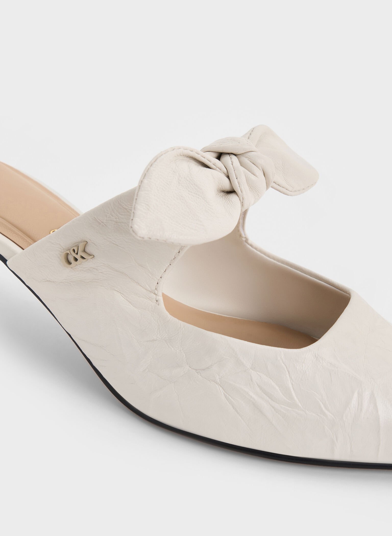Jayce Crinkle-Effect Leather Knot-Bow Kitten-Heel Mules, White, hi-res